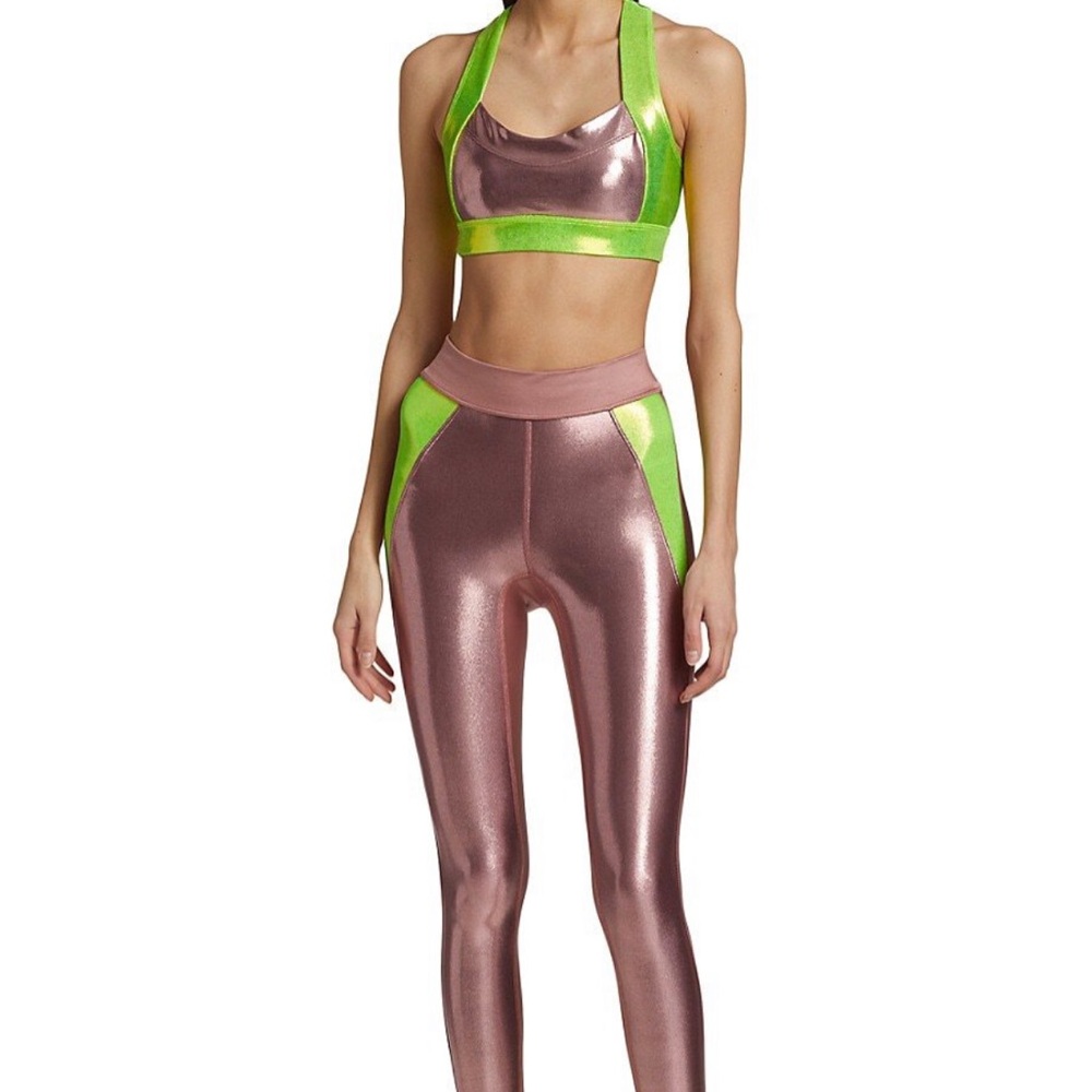 NWT Heroine sport metallic pink and neon sports bra and leggings set